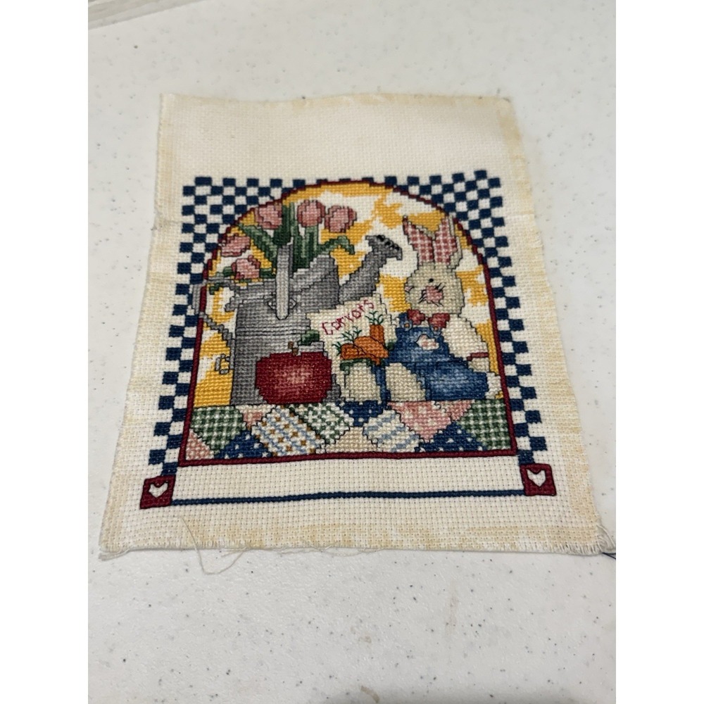 Finished Cross Stitch Piece Unframed Rabbit Bunny Cottage Core Gardening Quilt